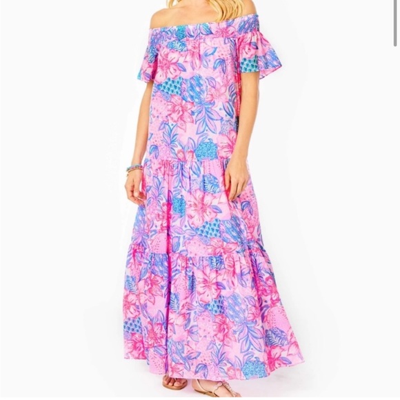 Lilly Pulitzer Dresses & Skirts - Lilly Pulitzer Dezi Off Shoulder Maxi Dress Pink Isle Snappy Turtle Preppy XL